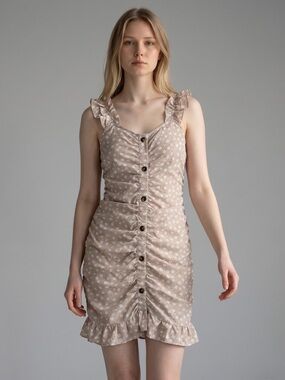 Beige Floral Ruffle Button-Front Sundress